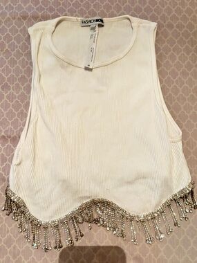 Fashion Nova Ivory Rhinestone Fringe Ribbed Tube Top